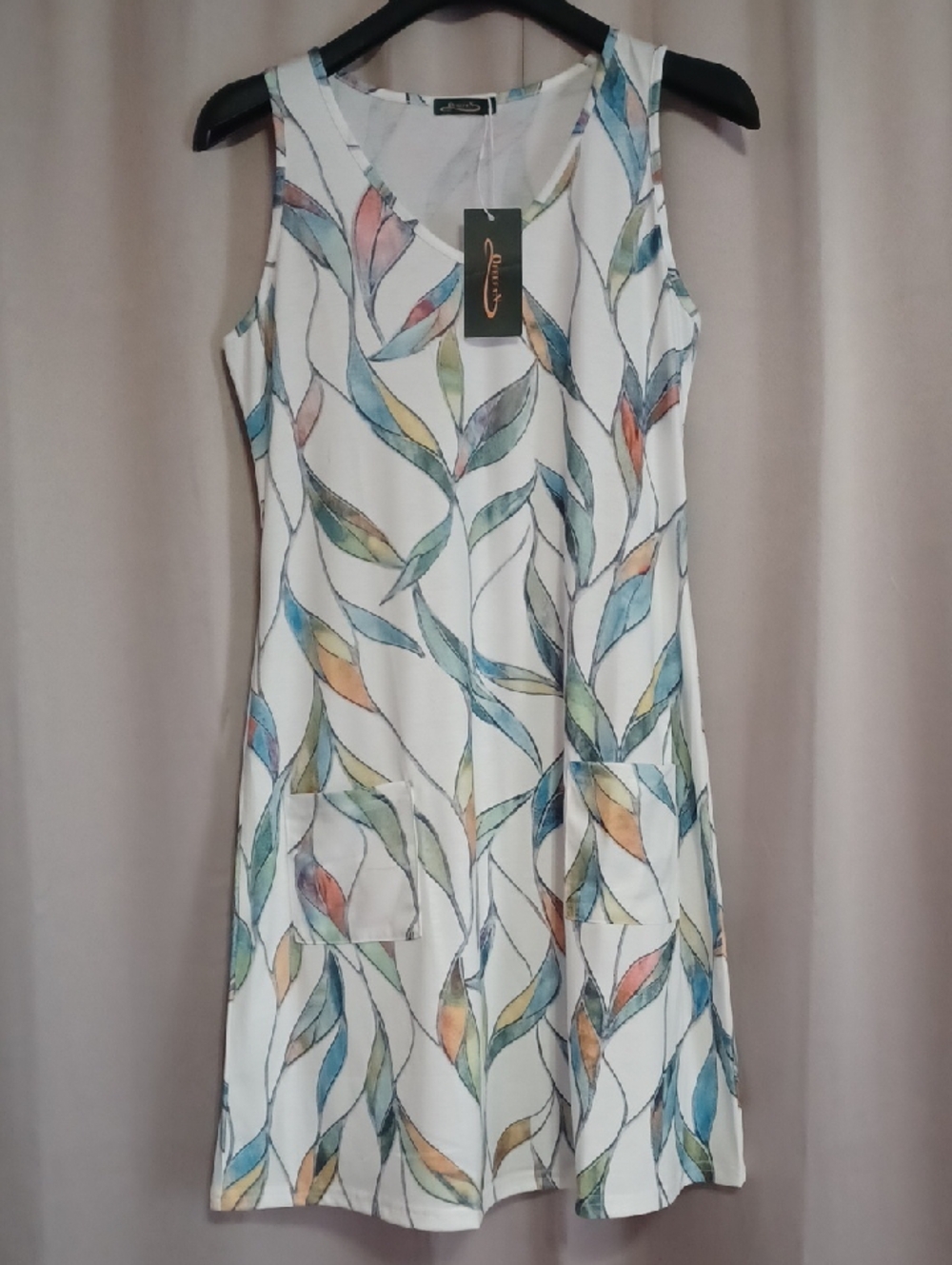 Ofeefan Sleeveless Sundress Pockets White Multicolor Leaf Pattern New